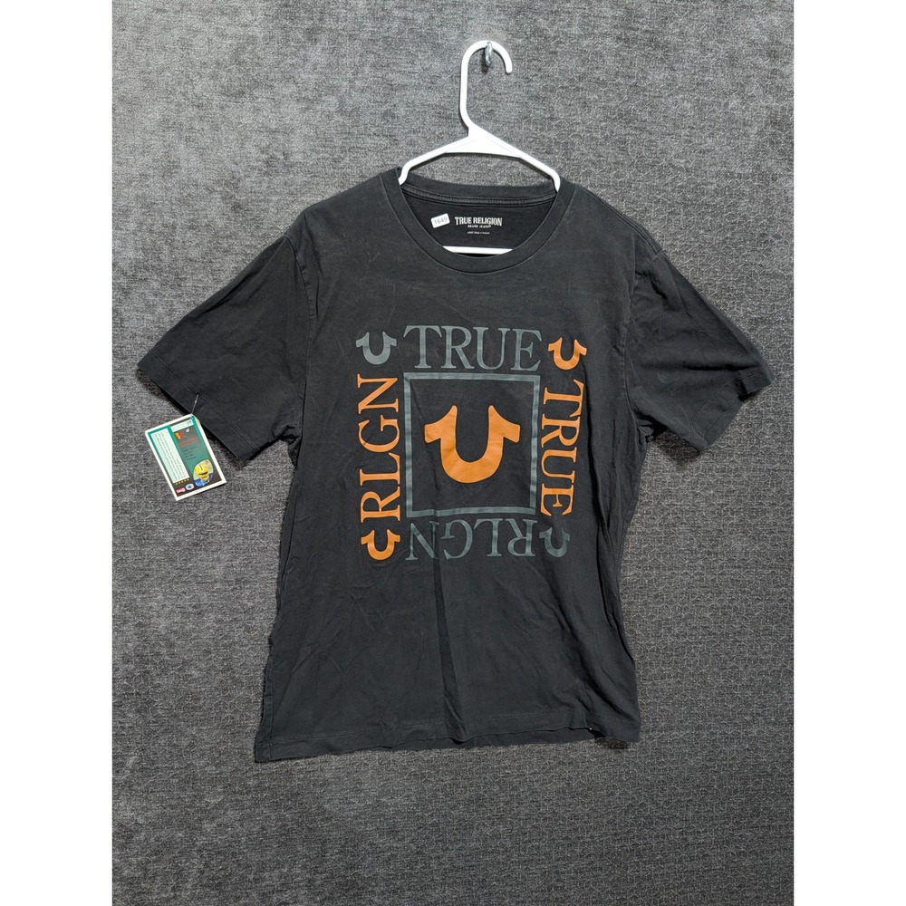 True Religion Mens Boxed Horseshoe Logo Graphic T-Shirt Black Orange Large 1649